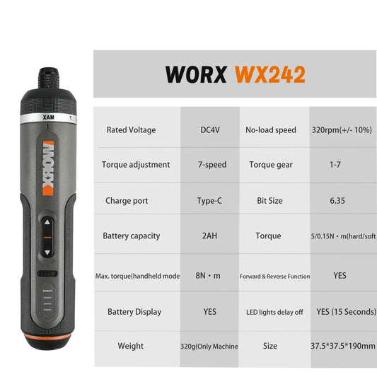 Worx WX242 Elektroschrauber-Set, intelligenter Akku-Bohrschrauber, Schraubendreher, USB-Ladegriff, 30-teiliges Set, Elektroschrauber