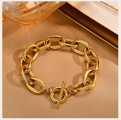 Chunky Bold Toggle Bracelets for Women, Stainless Steel OT Buckle Link Chain Bracelet Gold Plated Tarnish Free.