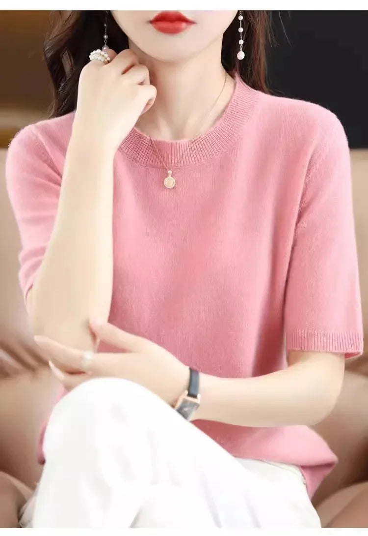 Frühling Sommer Frauen Pullover Kurzen Ärmeln Oansatz Bodenbildung Shirts Strickwaren 2024 Sommer Stricken Tops Pullover Koreanische Jumper.