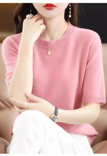 Frühling Sommer Frauen Pullover Kurzen Ärmeln Oansatz Bodenbildung Shirts Strickwaren 2024 Sommer Stricken Tops Pullover Koreanische Jumper.