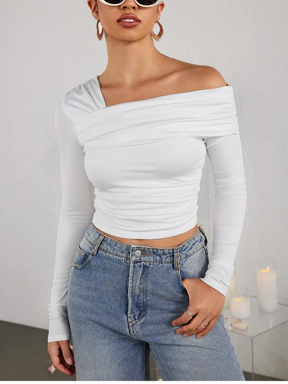 NewAsia Sexy Tight One Shoulder Top Long Sleeve Double Layer Crinkle Texture Asymmetrical Party Chic Blouse Women Fashion Tops.