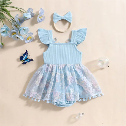 0-18M Kleinkind Baby Mädchen Sommer Strampler Kleid Nette Rüschen Ärmellose Square Neck Blume Body mit Stirnband Set neugeborene Kleidung