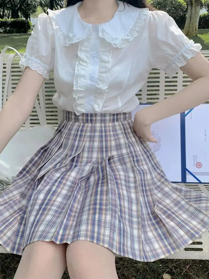 Deeptown Kawaii Lolita Blouses White Women Cute Lace Tops Ruffle Shirts Vintage Puff Sleeve Japanese Preppy Style Sweet Tops.