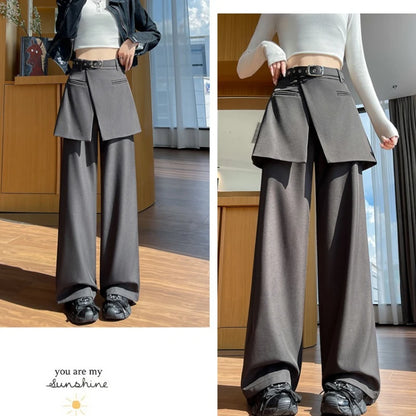 Design Style Fake Two-piece Curtain Suit Pants Women Fall High Waisted Wide Leg Trouser Office Ladies High Quality Straight Pant.