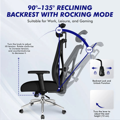 AUTHMIC Ergonomischer Bürostuhl, verstellbare Netzrückenlehne, Lordosenstütze, drehbarer Computer-Schreibtischstuhl für Zuhause, Büro, Arbeit, Gaming