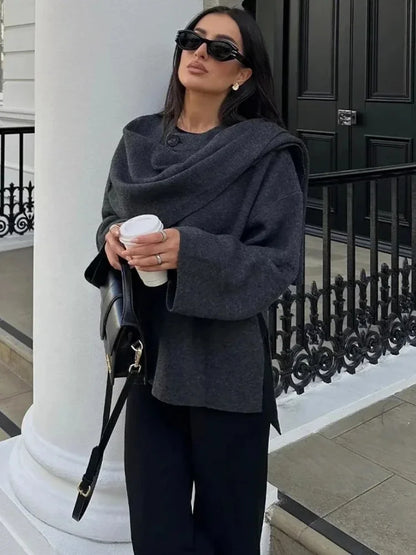 ZBZA Women's Asymmetric Scarf Knitted Jacket O-neck Single Button Side Slit Solid Loose Coat Winter New Female Chic Outerwear.