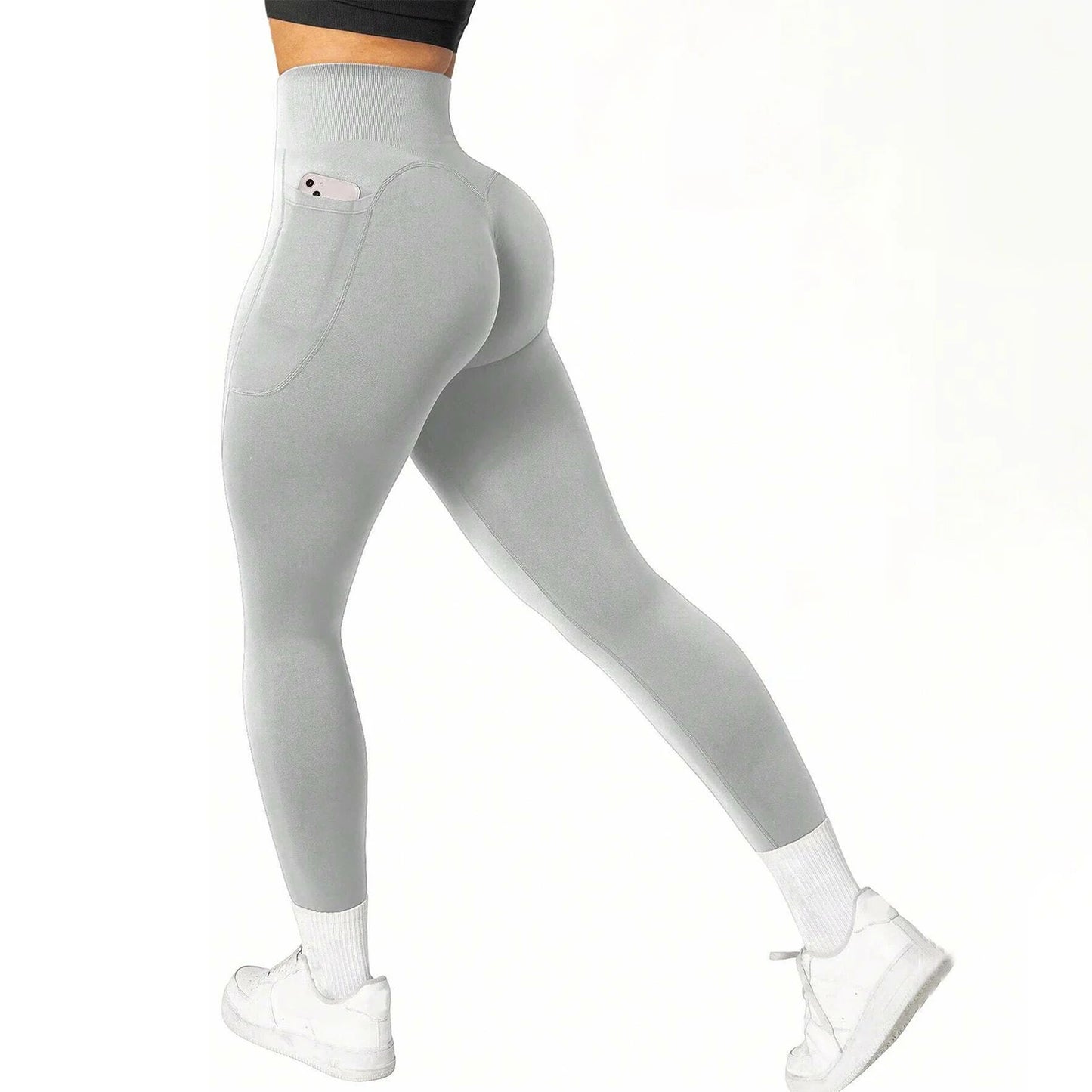 High Waisted Seamless Yoga Pants Butt Lifting Booty Sculpting Gym Leggings with Side Pockets Sexy Workout Tights for Women.