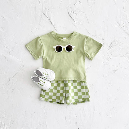 Ins Sommer Neugeborenen Jungen Mädchen Kleidung Baby Set Solide Kurzarm T-shirt + Schachbrett Shorts Baumwolle Casual 2PCS 0-3Y.