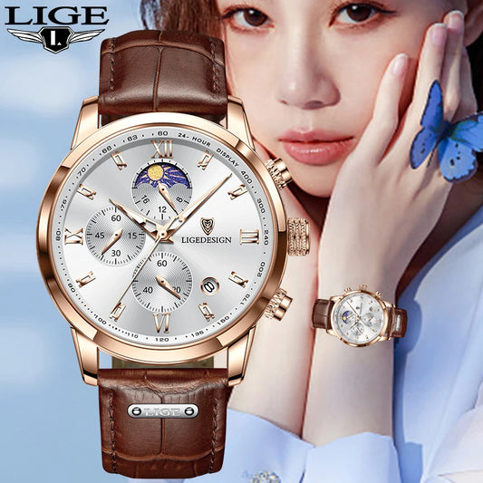 LIGE Luxury Fashion Women Watch Leather Strap Waterproof Casual Sport Quartz Wristwatch 24 hour Moon Phase Clock Watch for Women.