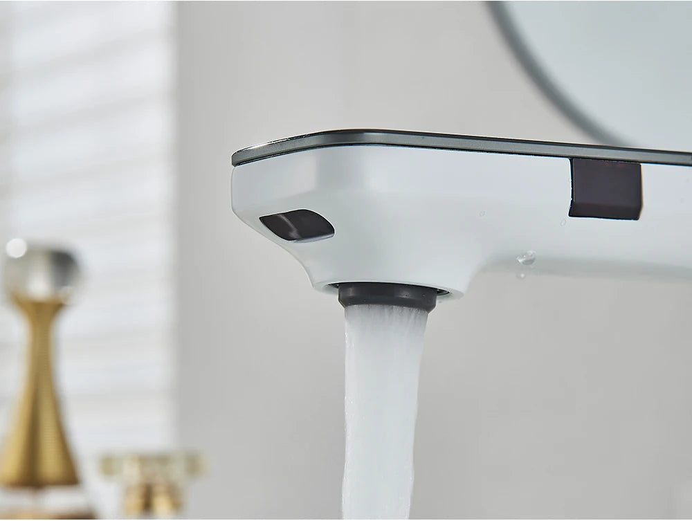 White Smart Sensor Basin Faucet Screen Digital Display Hot Cold Water Mixer Tap Touchless Vanity Sink Faucet For Bathroom