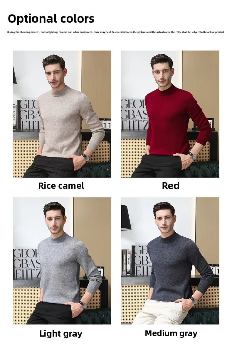 High End 100% Wool Thick New Autum Winter Fashion Brand Pullover Knit Half Turtleneck Business Sweater Casual Men Clothing.