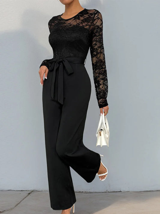Drauuing Sexy Lace Patchwork Hollow Out Jumpsuits Casual Women Round Neck Black Rompers Lady Solid Office Slim Pants With Sashes.