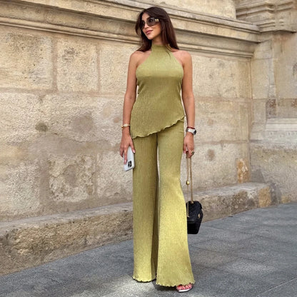 Tuularose Hanging Green Pants Set Sleeveless Backless Personality Temperament Commuter Two-piece Set Summer New Women Pants Set.