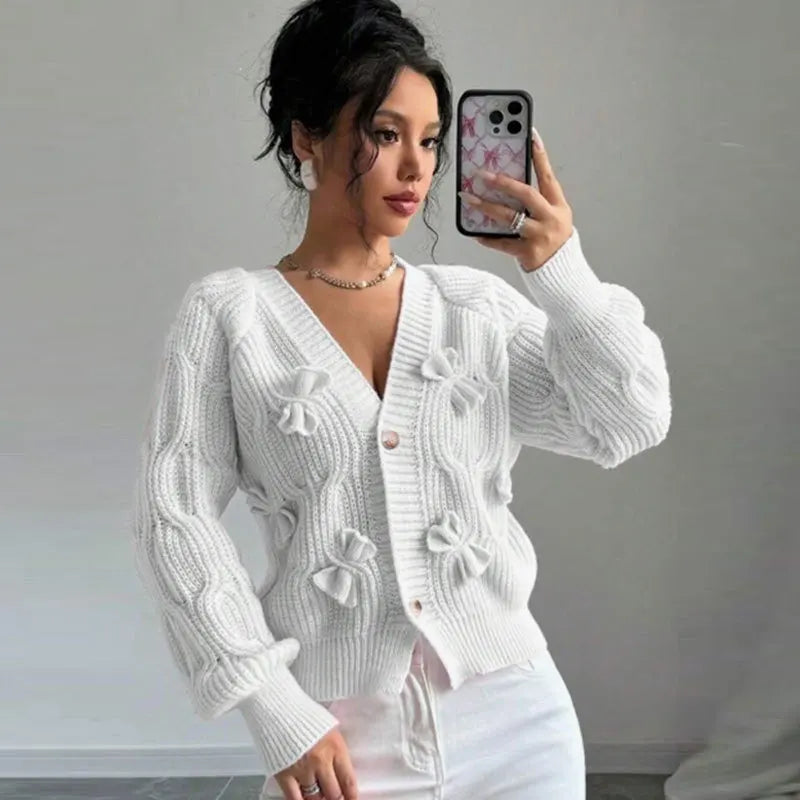 2025 Autumn And Winter Solid Color Long-sleeved Bow Knit Cardigan Jacket New Women's Elegant V-neck Button Versatile Sweater Top.