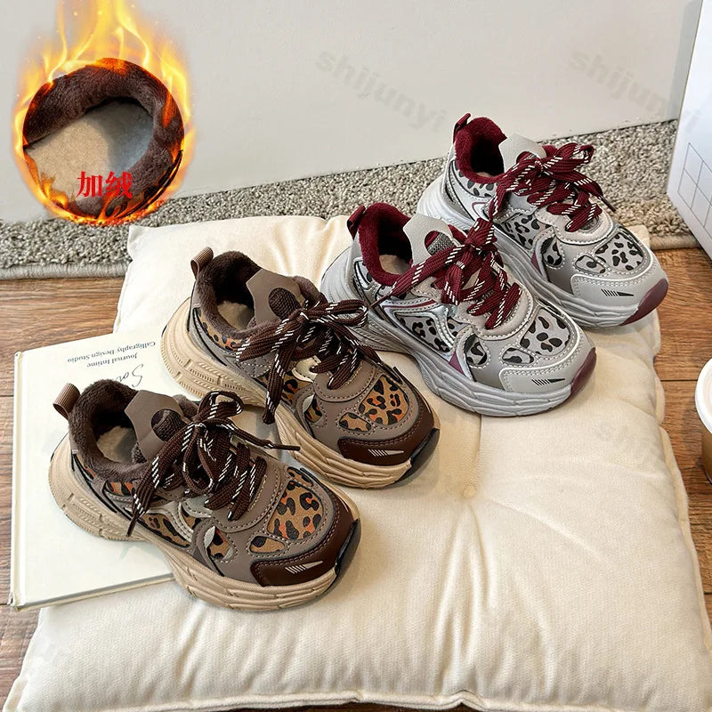 Children's Sneakers Autumn Winter Boys Sport Shoes Girls Plush Warm Casual Cotton Shoes Studnet Leopard Print Anti Slip Sneakers.