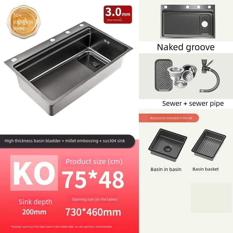 Black 304 Stainless Steel Kitchen Sink Household Multifunction Wash Dish and Vegetables Basin Large Single Slot Undermount Basin
