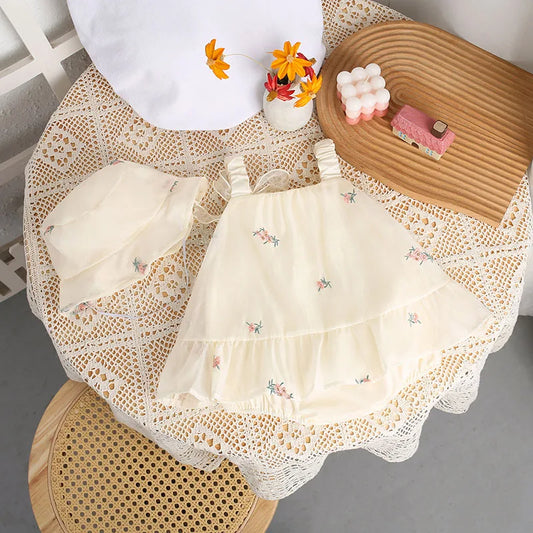 2024 Baby Mädchen Sommer Kleidung Schöne Blumen Hosenträger Body mit Hut Neugeborenen Prinzessin Kleid Infant Outdoor Ein Stück