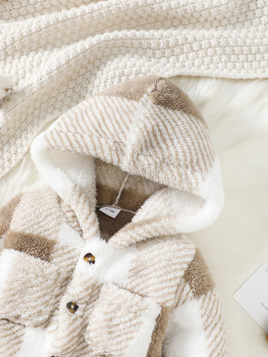 Baby-Strampler für Jungen und Mädchen, kariert, mit Kapuze, langärmelig, Plüsch-Overall, Winter, warmer Body, Kleidung für Kleinkinder im Alter von 3–24 Monaten