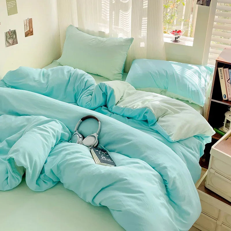 Solid Bed Linen Cotton Bedding Set 4pcs with Sheet Duvet Cover Pillowcases Single Couple Bedsheet Single Couple Twin Size.