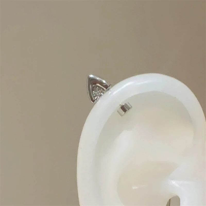 Silver Color Cat's Ear Droplet Shaped Zircon Stainless Steel Ear Bone Nail Earring for Women New Trendy Body Piercing Accessorie.