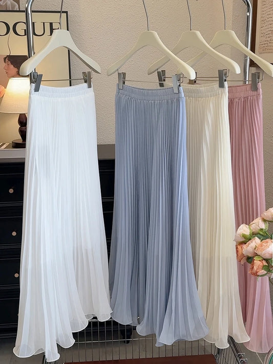 Women's Summer Elegant Pleated Elastic Waist Chiffon Long Skirt Lady High Waist A Line Streetwear Solid Color Skirt.