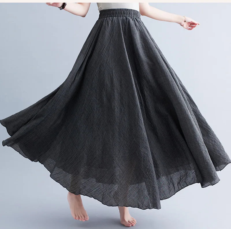 Boho Cotton Linen Beach Long Skirt Women Vintage Casual Solid A-line High Waist Dance Floor-Length Maxi Skirt Spring Summer New