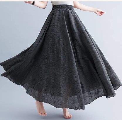 Boho Cotton Linen Beach Long Skirt Women Vintage Casual Solid A-line High Waist Dance Floor-Length Maxi Skirt Spring Summer New