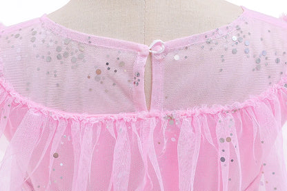 Mädchen rosa Pailletten Mesh Prinzessin Kleid, Mesh kurze Ärmel, mit Umhang, geeignet für Party, Tanz, Performance, Karnevals kleid