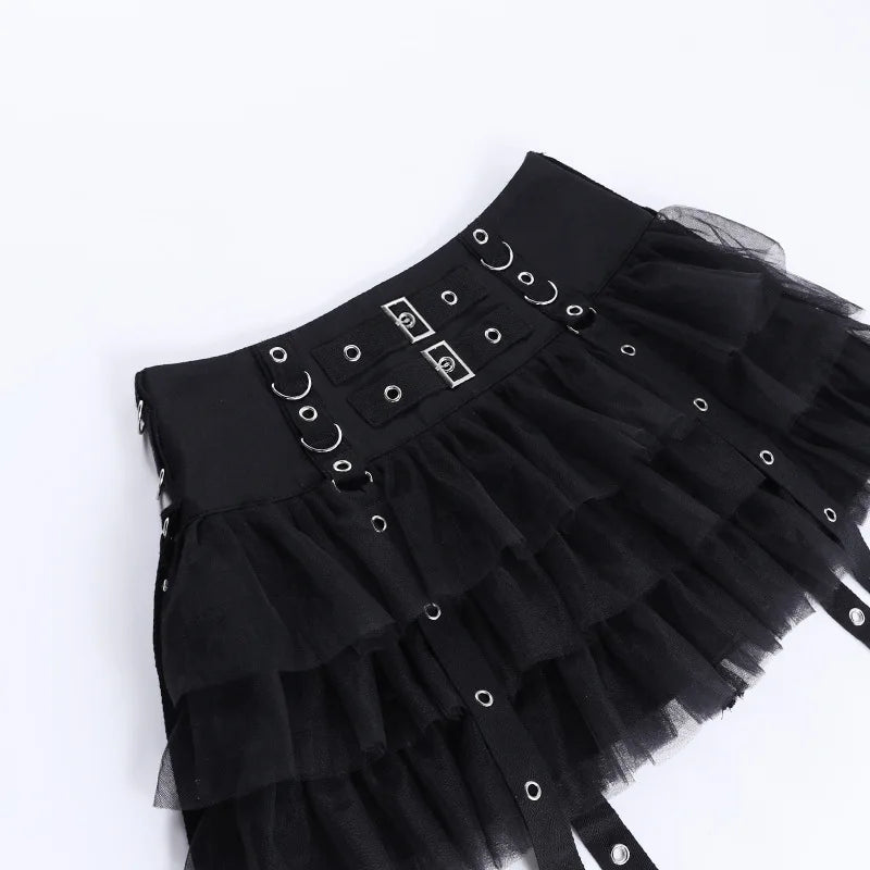Goth Dark Ruffles Mall Gothic Mesh Splice Mini Skirts Grunge Aesthetic Harajuku Buckle A-line Skirt Punk High Waist Alt Bottoms.
