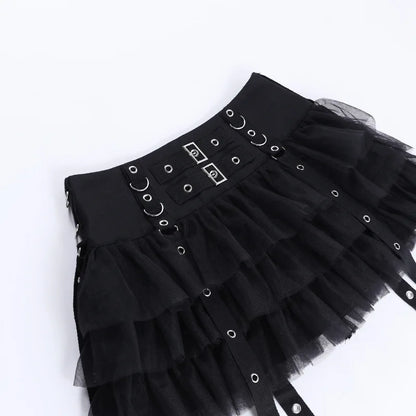 Goth Dark Ruffles Mall Gothic Mesh Splice Mini Skirts Grunge Aesthetic Harajuku Buckle A-line Skirt Punk High Waist Alt Bottoms.