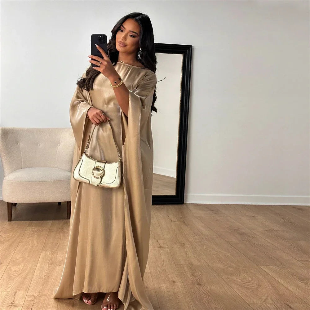Ramadan Summer Batwing Sleeve Satin Butterfly Abaya Islam Muslim Maxi Dress Kebaya Women Kaftan Robe Musulmane Femme Vestidos.
