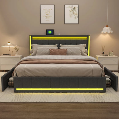 Lazyspace Leinen-Polsterbett mit 4 Schubladen, moderner Doppelbettrahmen mit LED-Beleuchtung und USB-Ladeanschluss, funktionelles Bett