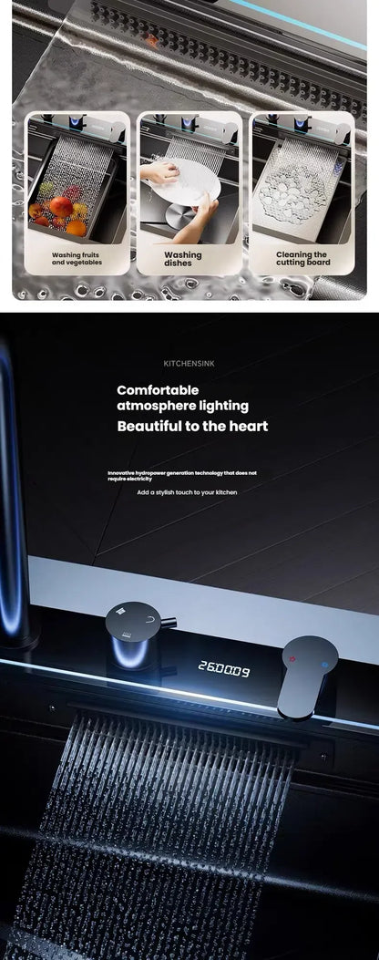 Intelligent Waterfall Stainless Steel Kitchen Sink MultiFunctional Digital Display Porous Large Single Slot Wash Dish Basin