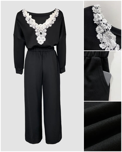 Women's Backless Lace Contrast Detail Jumpsuit Drop Shoulder Long Sleeve Casual Elastic Waist Wide Leg Overalls.