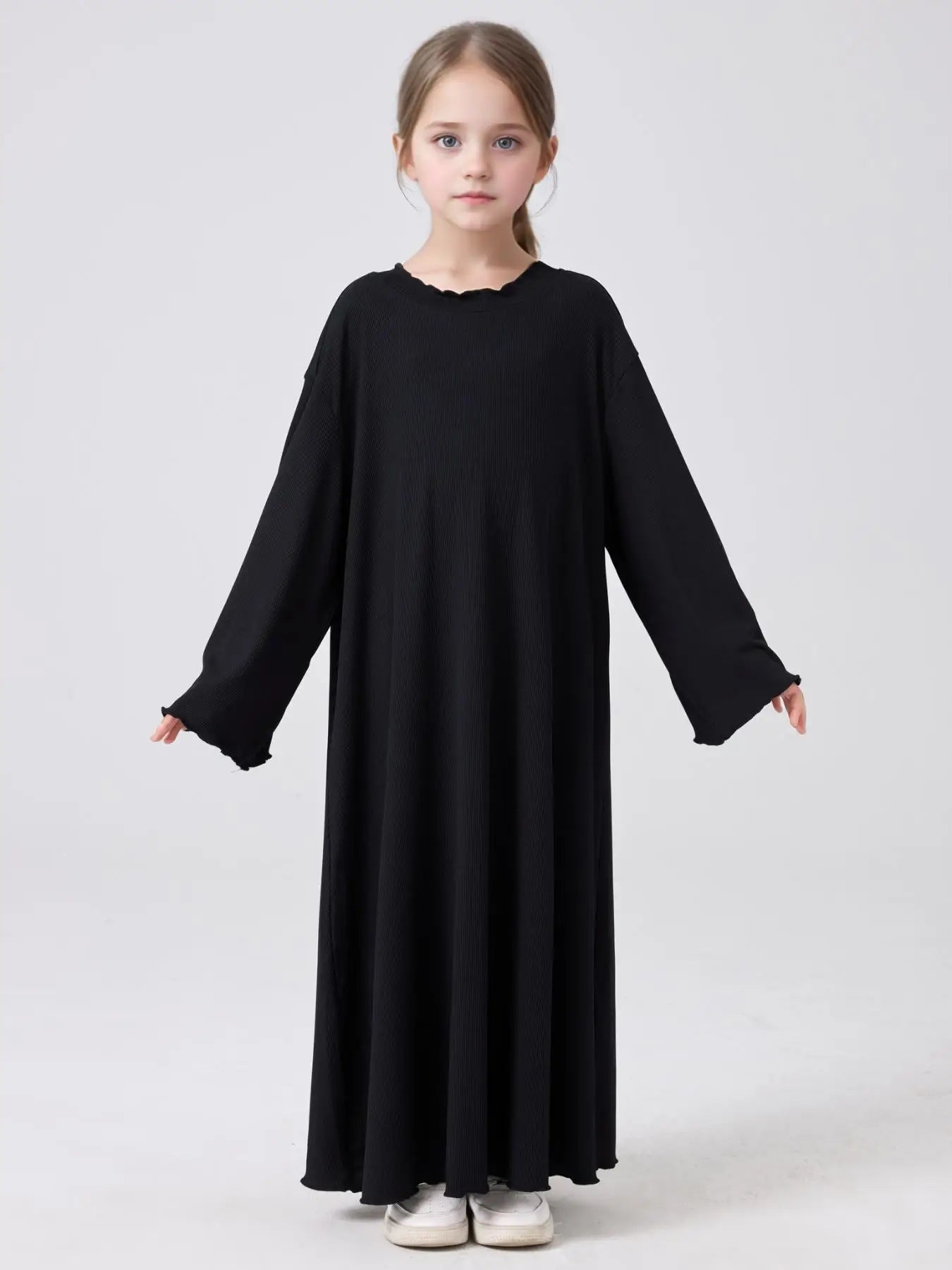 Middle Eastern Muslim Girls Princess Knitted Dress Wavy Edge Solid Color Robe.