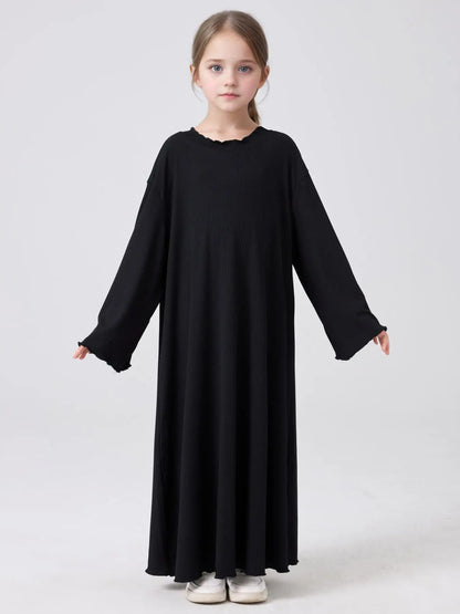 Middle Eastern Muslim Girls Princess Knitted Dress Wavy Edge Solid Color Robe.
