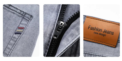 Brand Men's Fashion Summer Thin Jeans Comfortable Stretch Cotton Business Straight Casual Denim Pants Light Gray Blue Pants.