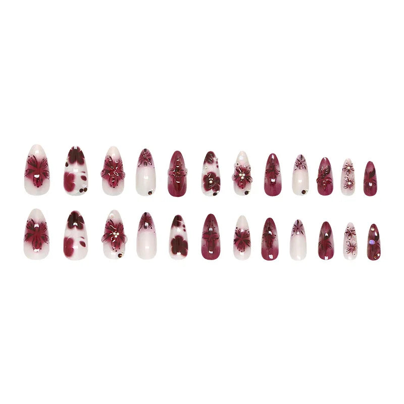 24pcs Flower Print Press on Nails Wine Red Blush Almond False Nail Tips Wearable Reusable Summer Spicy Girl Fake Nails.