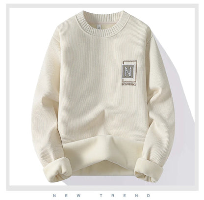 New Men's Fashion Sweater Autumn Winter Fleece Lined Clothes Thickened Pullover Crew Neck Knitted Pullovers Knitwear.