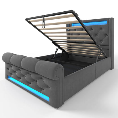 KOMHTOM Modernes Polsterbett Einzelbett 90x200cm mit LED-Leuchten, USB- und Typ-C-Anschlüssen, Hydraulisches Stauraumbett