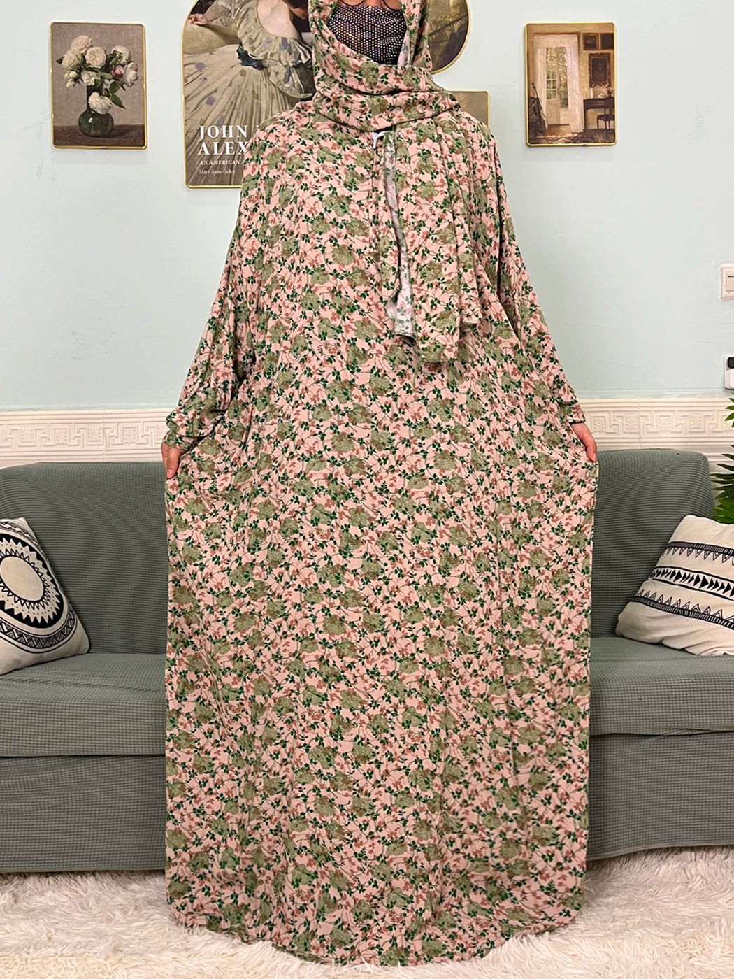 Muslim Cotton Abayas For Women Traditional Floral Ramadan Prayer Garment African Caftan Marocain Femme Robe Connected Headscarf.