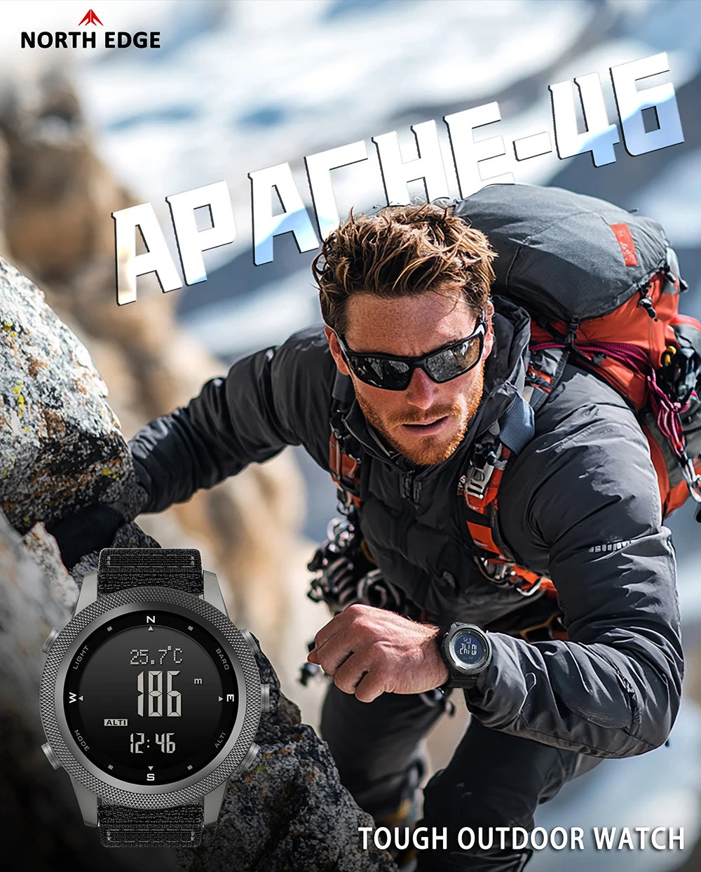 NORTH EDGE APACHE-46 Men Digital Watch Outdoor Sports Running Swimming Outdoor Sport Watches Altimeter Barometer Compass WR50M.