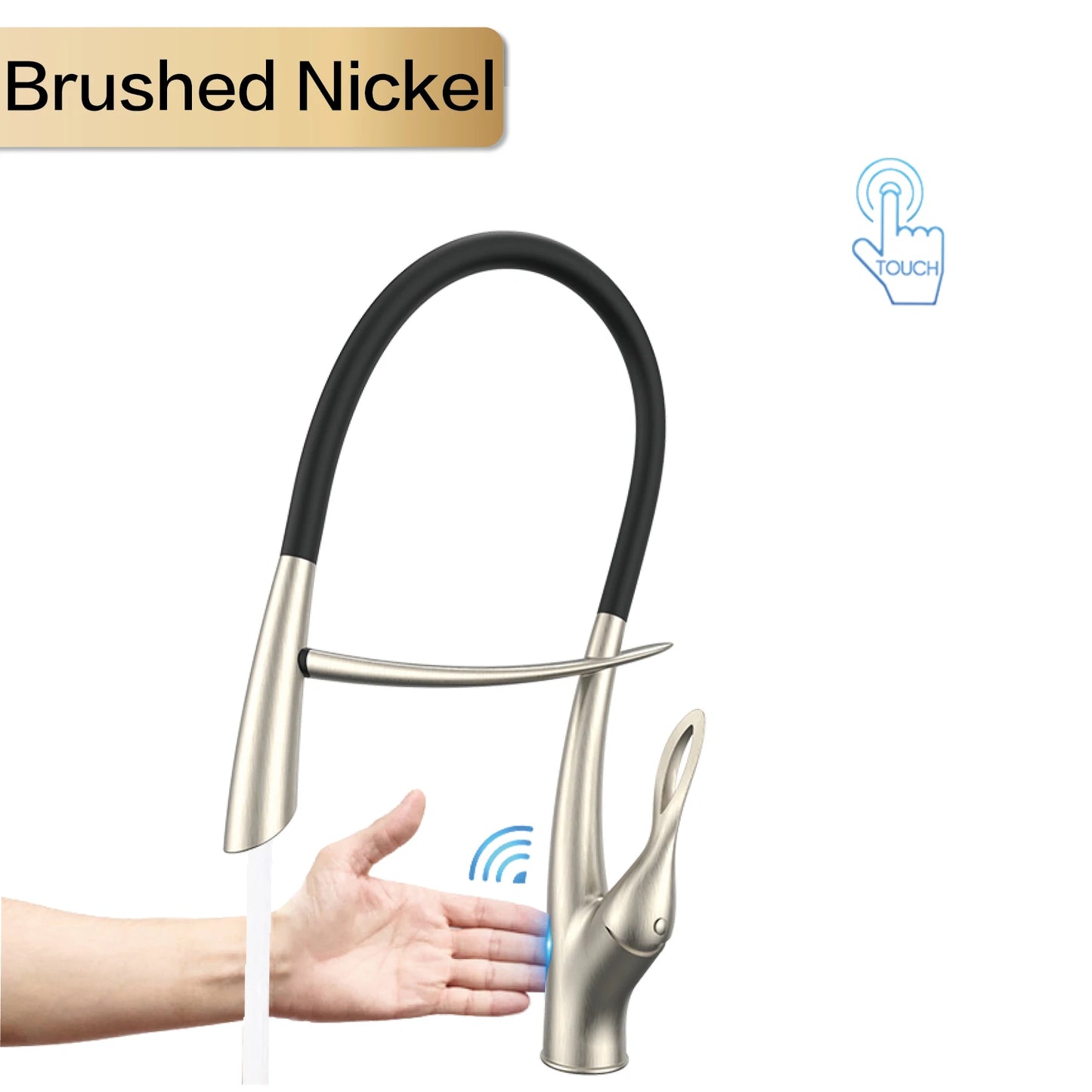 Luxuriöser Küchenarmatur aus grauem Messing in Gun-Grau mit intelligentem Touch-Design. Einhebelmischer für heißes und kaltes Wasser mit magnetischer Saugkraft