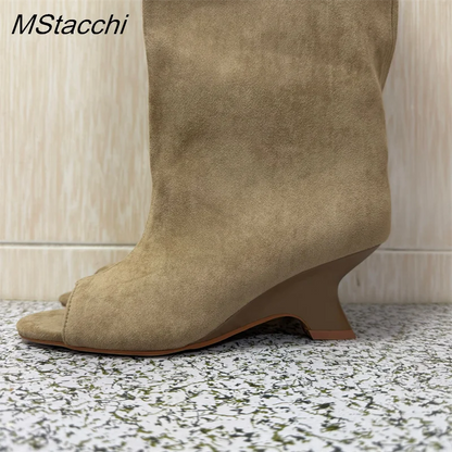 2025 New Peep Toe Long Boots Summer Thick High Heels Women's Knee Boots Large Size Shoes Ladies Slip-on Strange Heels Cool Boots.