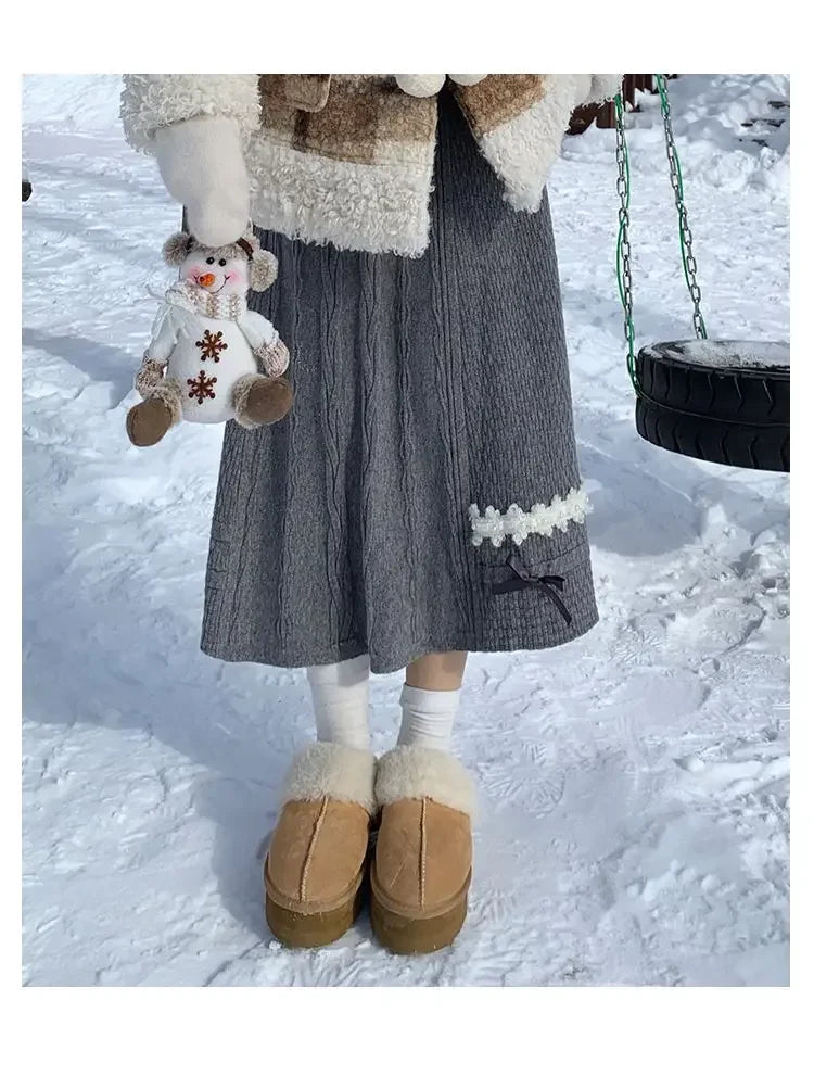 Clothes for Women Autumn Winter Japanese Style Kawaii Sweet Chic Knitted Skirts Female High Waist Solid Loose A-line Midi Skirt.