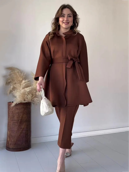 Ramadan Eid Muslim Two Piece Set Lace-up Long Shirt with Pants Women Suits Shirt Blouse Musulman Ensembles Islamic Dress Sets.