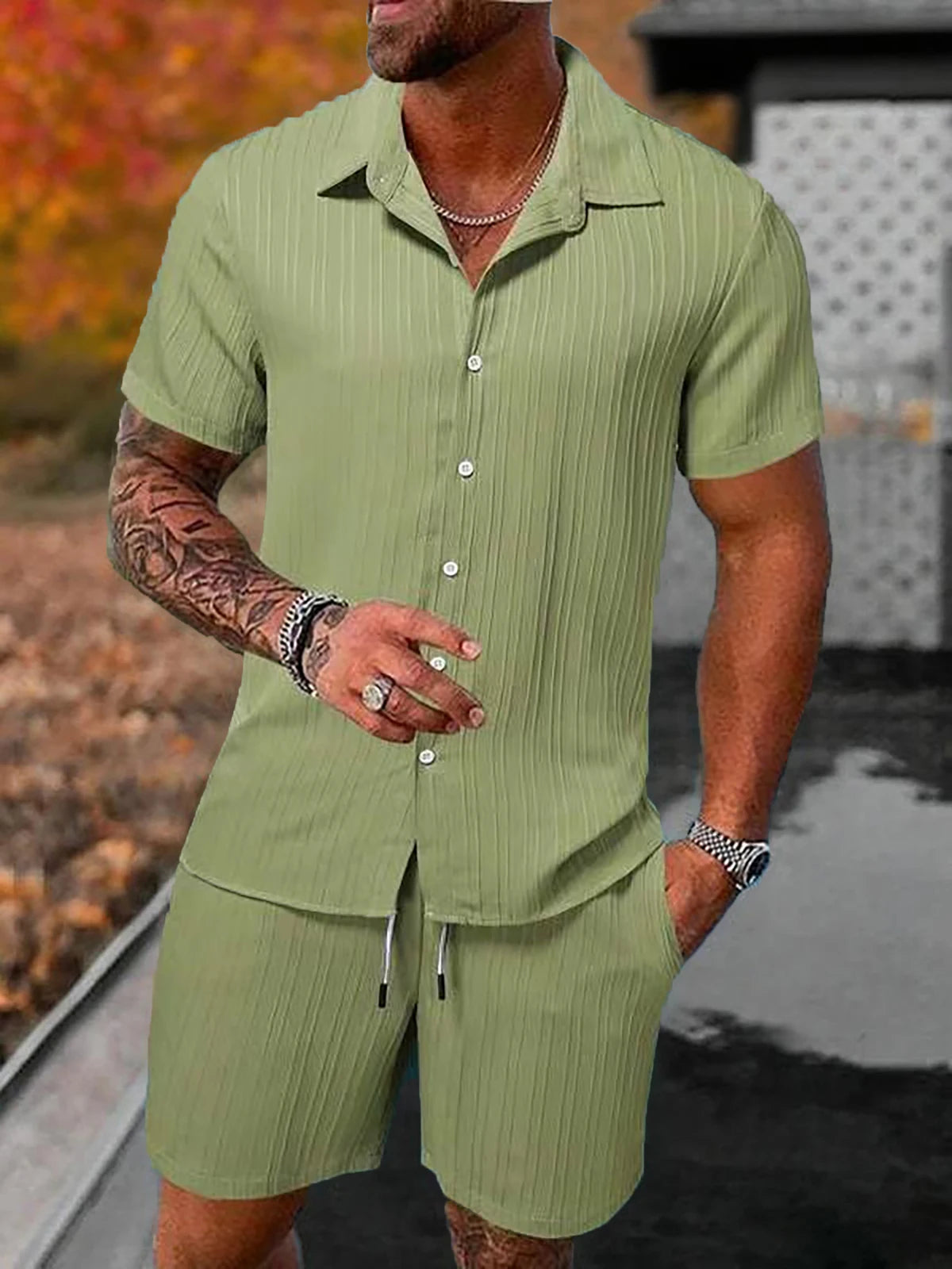 Lazy Street Style Vertical Stripe Slimming Shirt Shorts Two-piece Set No Need To Pair With Autumn Men's Thin Knit Sports Suit