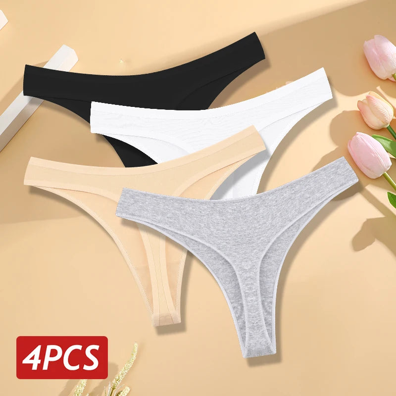 4PCS/Set Women Cotton Panties Seamless Low Rise Thongs V-Waist Solid Color Breathable Underwear Female Soft Lingerie Intimates.