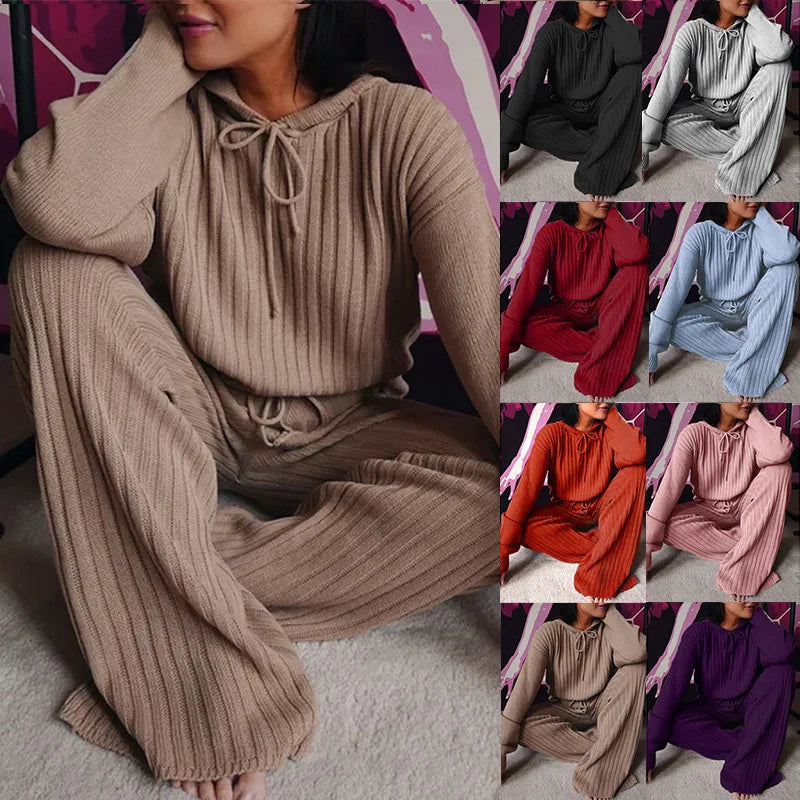 Autumn New Knitted Cotton Sliver Hooded Women's Long Pants Suit Casual Fashion Drawstring Lace Up Pants Female 2 Piece Set 2025.