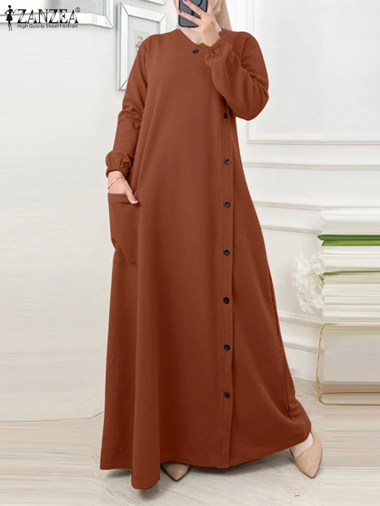 ZANZEA Muslim Casual Loose Long Dresses Textured O Neck Buttons Long Sleeve A-line Vestidos Women 2024 Islamic Hijab Abaya Robes